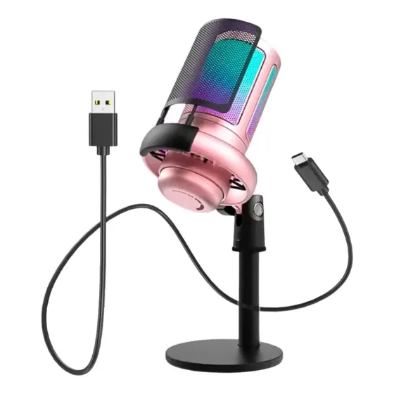 Microfone Gamer Rgb Condensador Profissional Pc Podcast Rosa