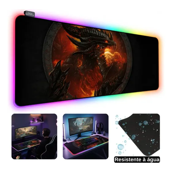 Mouse Pad Gamer Digital Informática 80x30cm Extra Grande 11 Modos Iluminação LED RGB Antiderrapante Dragão Vermelho Mouse Pad Gamer Digital Informática 80x30cm Extra Grande 11 Modos Iluminação LED RGB Antiderrapante Dragão Vermelho