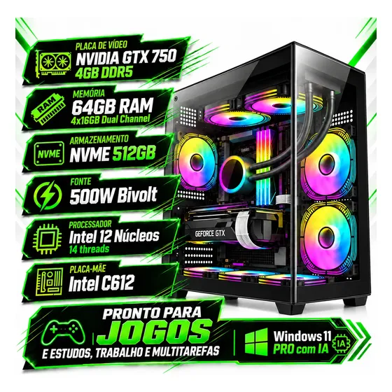 Pc Gamer Montado Cpu Intel 12 Núcleos 64gb Ram Nvme 512 W11