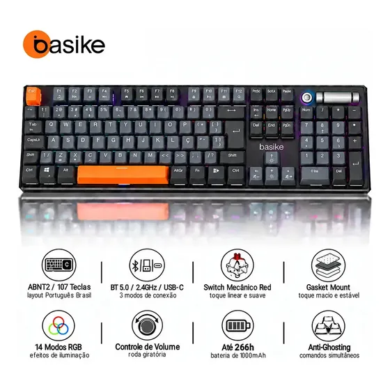 Teclado Mecânico Basike Gamer Sem Fio Tri-Mode ABNT2 com Switch Vermelho e RGB