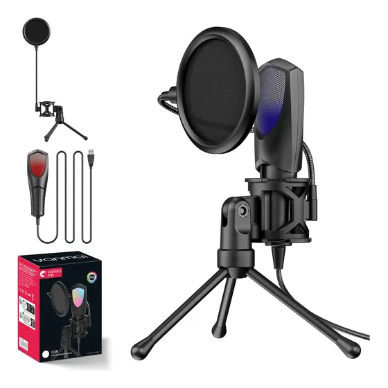 Microfone Gamer Rgb Usb Condensador Com Pop Filter P/ Live Stream E Podcast