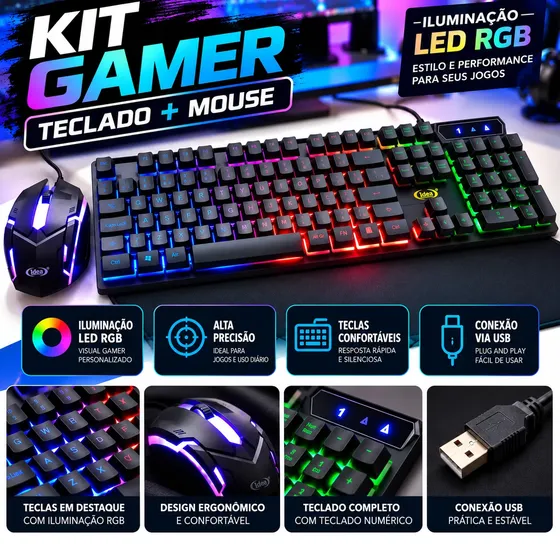 Kit Teclado E Mouse Gamer Rgb Semi Mecânico Abnt2 Usb