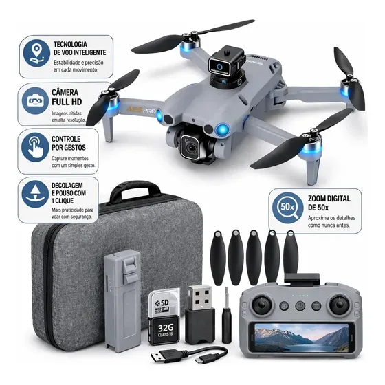 Drone Aéreo Popsy AE5 PRO FPV com Câmera Full HD e GPS, Dobrável e 2 Baterias