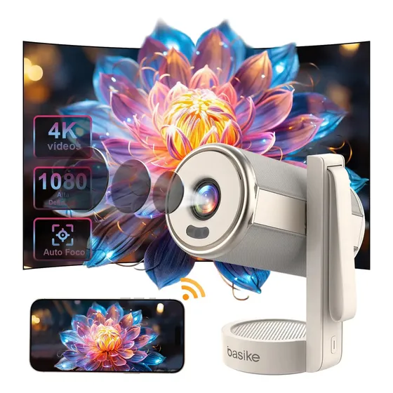 Projetor Basike Full HD 1080p LED Com Wi-Fi e Bluetooth, Foco e Correção Automáticos, Rotação 180° e Tela de até 200"