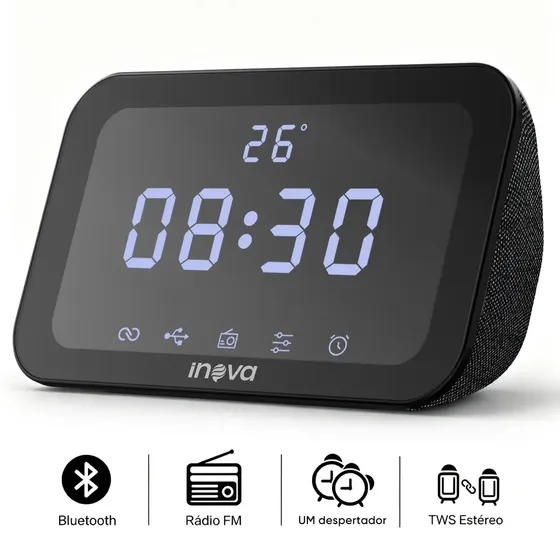 Caixa de Som Portátil Bluetooth Inova MD-13438 com Rádio FM, Relógio e Alarme