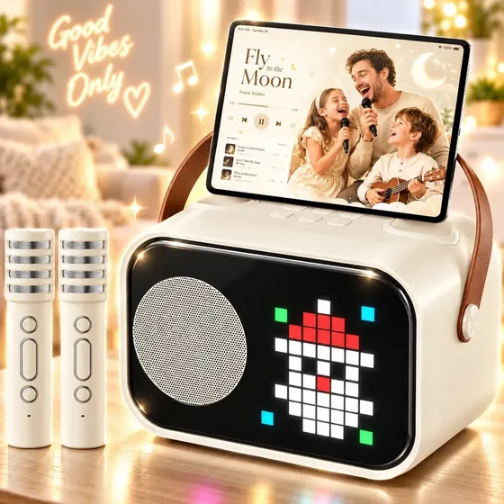 Caixa de Som Portátil JYX D58-T para Karaokê com 2 Microfones Sem Fio, Bluetooth e Efeitos de Voz – Bege Caixa de Som Portátil JYX D58-T para Karaokê com 2 Microfones Sem Fio, Bluetooth e Efeitos de Voz – Bege