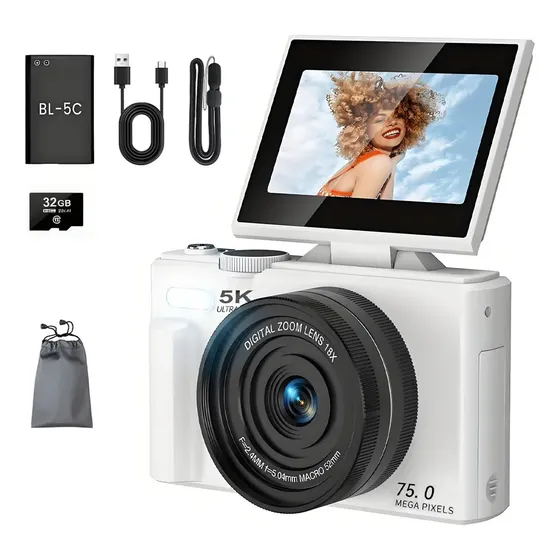 Câmera Digital 5k 75mp Zoom 18x Tela Ips Flip-up 3 Flash