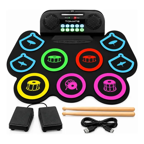 Bateria Eletrônica Portátil 9 Pads Roll Up Com Pedais Usb