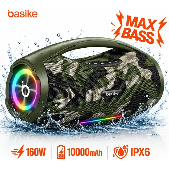 Basike Caixa De Som Boombox Plus 160w 10000mah Bluetooth Sem fio Portátil IPX6 À Prova D'água Hifi Com TWS RGB TF AUX Bass Forte Alto Falante Aparelho de Som Bombox Soundbox Para Casa Festa Camuflado