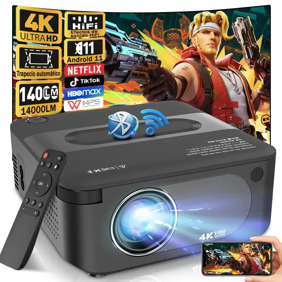 Smart Projetor Profissional Android 11 Smart Portátil 1080p 14000lm Bluetooth Wi-Fi Espelho de telemóvel Correção automática de trapézio