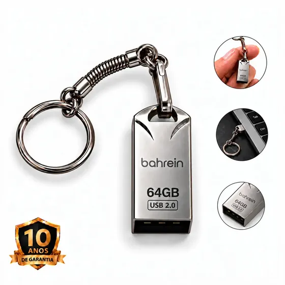 Pen Drive 64GB Bahrein Chaveiro Mini Metálico, USB 2.0 Prata para PC e Som Automotivo Pen Drive 64GB Bahrein Chaveiro Mini Metálico, USB 2.0 Prata para PC e Som Automotivo