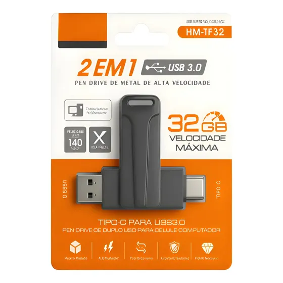 Pendrive Alta Velocidade 2 Em 1 Usb E Tipo C 32gb H`maston Cinza