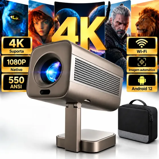 Projetor Ideogran 4K Portátil com Wi-Fi Bluetooth e Resolução 1080P Nativo 550ANSI Android 12 Retroprojetor Portatil Grande Datashow