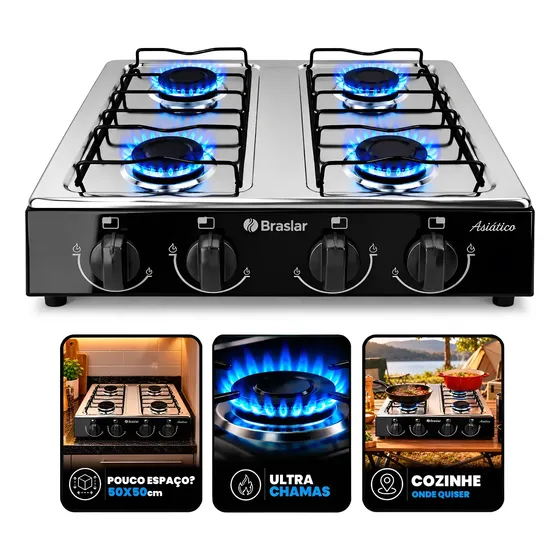 Fogão Cooktop De Mesa Portátil A Gás 4 Bocas Braslar