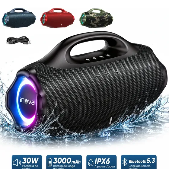 Caixa de Som Portátil Inova de 30W com Bluetooth, Rádio FM e Luzes RGB