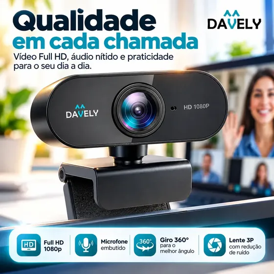 Webcam Câmera Full HD 1080p Com Microfone Embutido Giro 360 Graus USB 2.0 Para PC Notebook Video Conferência Videoconferência Reunião Online Aula Home Office Live Streaming Davely