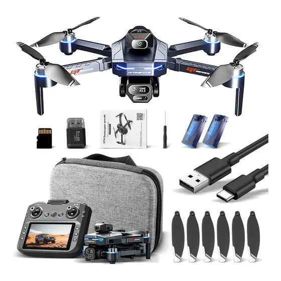 Drone Profissional Dobrável GT8 Com Câmera Dupla, 2 Baterias e Controle Remoto c/ Tela