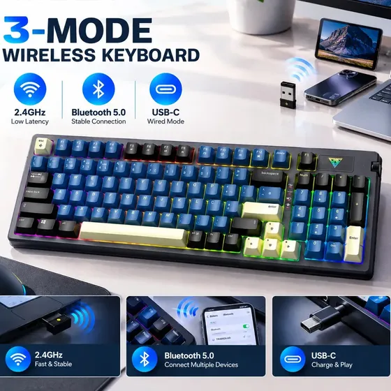 Teclado Mecânico Gamer Truerza RGB Sem Fio, ABNT2 com Hot-Swap e Tri-Mode
