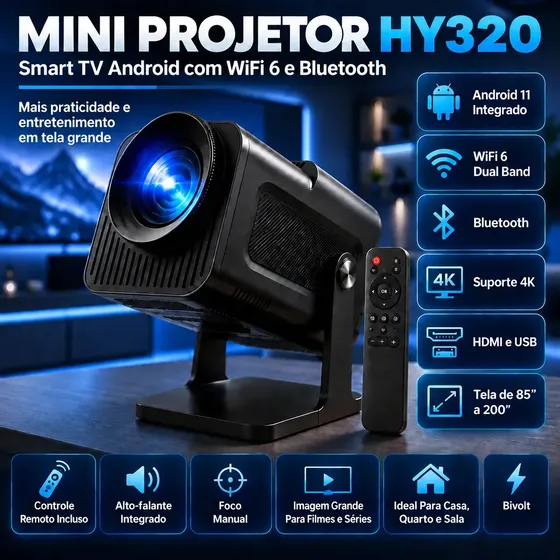 Projetor HY320 Mini Portátil Hardline Smart TV Android WiFi 6 390 ANSI Lumens Full HD Suporte K HMI Bluetooth 85-200 Polegadas Alto Falante Com Controle Remoto Bivolt