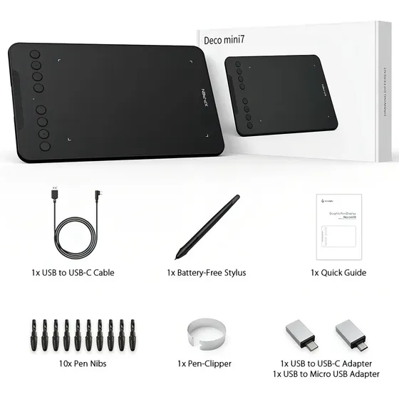 Mesa Digitalizadora XP-Pen Deco Mini 7, 8192 Níveis de Pressão, Caneta Sem Bateria, 8 Teclas Atalho, Inclinação 60°, Preto