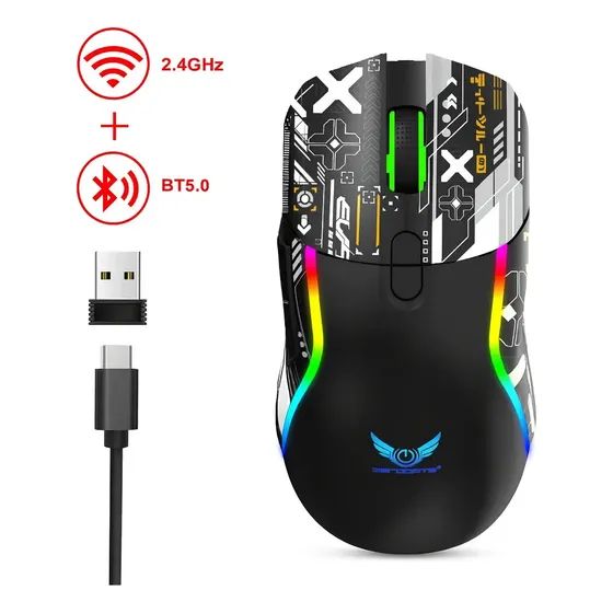 Mouse Gamer Sem Fio 2.4ghz + Bluetooth 5.0 Rgb Recarregável Te-s168-preto