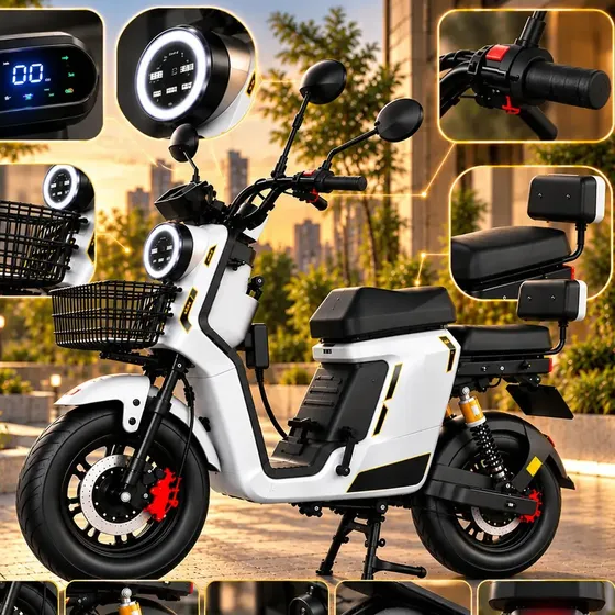 Moto Scooter Elétrica Branca 1000W Aro 10 Bateria Removível Painel Digital Bluetooth MP3 NFC 3 Velocidades Marcha Ré Freio a Disco Farol LED Cesta 2 Pessoas