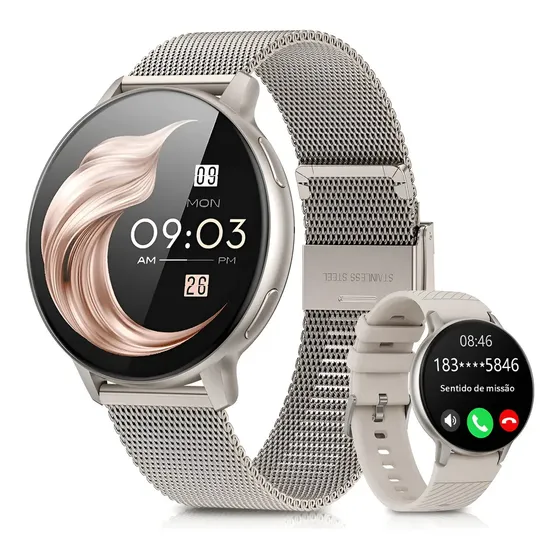 FOXBOX Relógio Inteligentes Smartwatch Chamadas Bluetooth Esportivo Caixa Prateado Pulseira Ideal para Homens e Mulheres IP67 Tela HD WhatsApp Mensagens Notificações