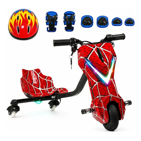 Triciclo Elétrico Drift Spider Vermelho Infantil e Adulto Carrinho Rolimã Elétrico Scooter Elétrica 3 Rodas Bateria de Lítio 36V Até 15 km/h Bluetooth e Luzes LED Kizumba
