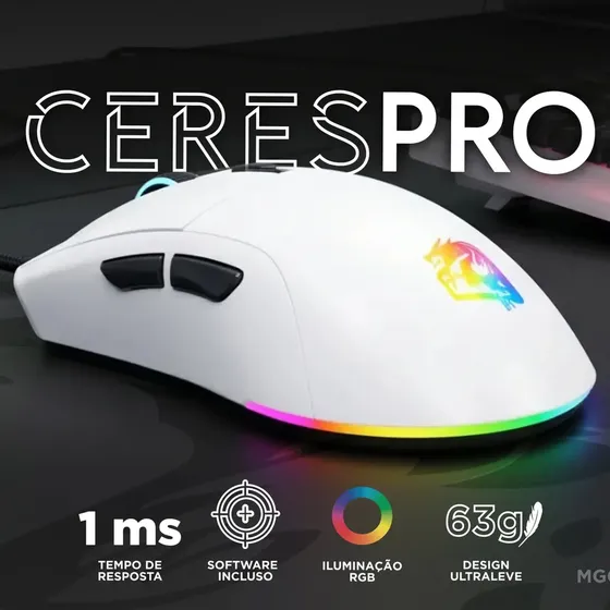 Mouse Gamer ELG Ceres Pro 12800 DPI 6 Botões RGB Sensor Óptico Switches Huano Cabo Paracord 1,5m USB Branco MGCSPRO