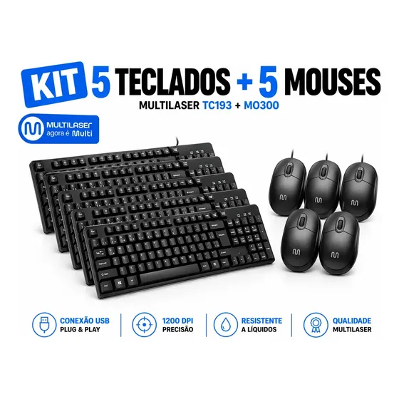 Kit Com 05 Teclado E Mouse Usb Padrão Abnt2 Preto Multilaser Kit Com 05 Teclado E Mouse Usb Padrão Abnt2 Preto Multilaser
