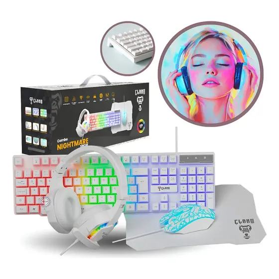 Kit Gamer Nightmare Snow Mouse Fone Teclado Mousepad Clanm