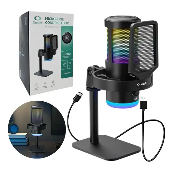 Microfone Condensador Rgb Gamer Profissional Onistek Led