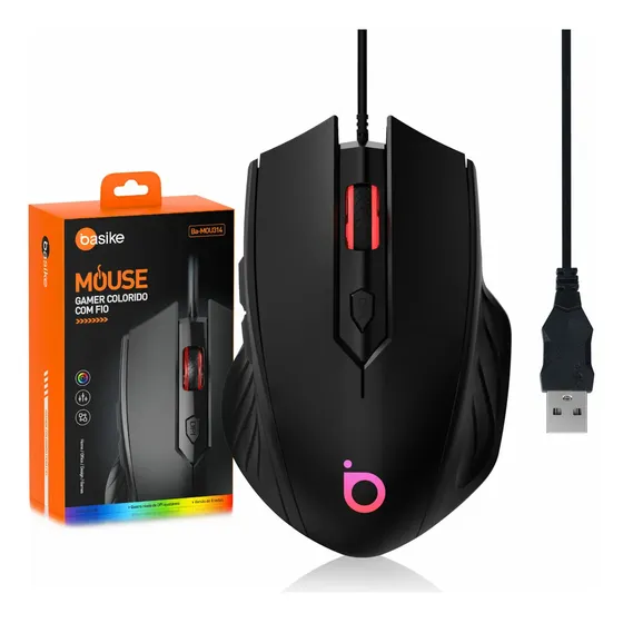 Mouse Gamer Basike Ba-MOU314 Com Fio Óptico RGB, Ergonômico e 8 Botões Para PC