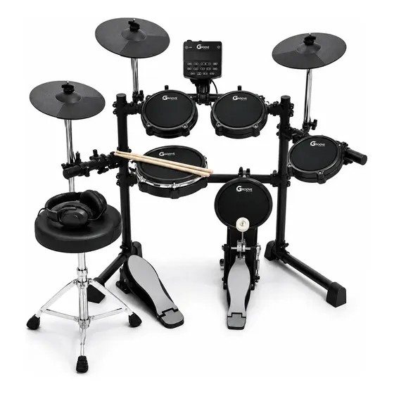 Kit Bateria Eletrônica Completa Groove Drums Edg500 5 Pads Peles Mesh 3 Pratos Profissional Sensibilidade Aro + Banco Fone De Ouvido