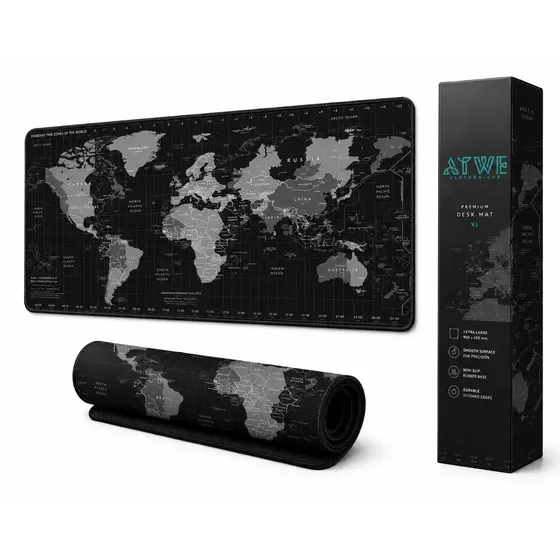 Mouse Pad Gamer Mapa Mundi Preto 90x40 cm Estilo Grande Antiderrapante com Costura Premium Reforçada