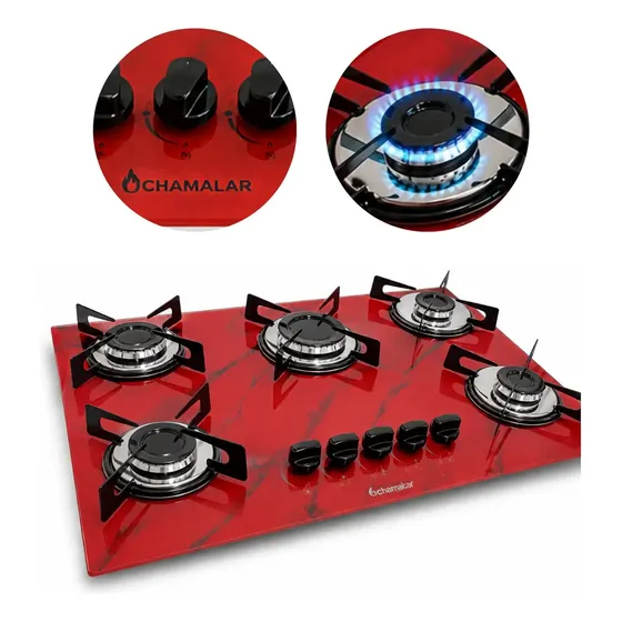 Fogão Cooktop Chamalar 5 bocas Ultra Chama 127/220v Marmorizado Vermelho Bivolt