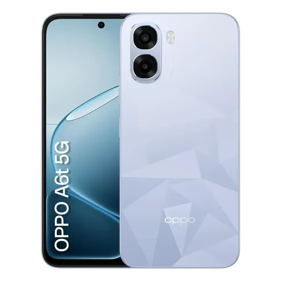 Smartphone OPPO A6t 5g 256gb, 8GB RAM Física e 16GB RAM Virtual, Bateria gigante de 6500 mAh, AI Câmera 50MP, Tela 120Hz, NFC, IP64 - Azul Cristal