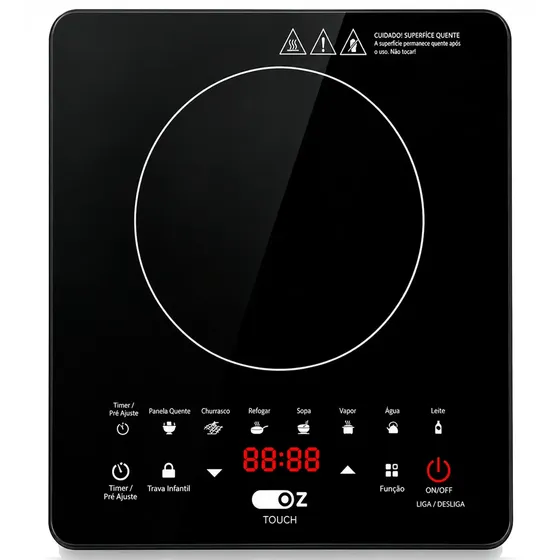 Cooktop De Indução Portátil Painel Touch 2000w 1 Boca Vitrocerâmico Com Timer Trava De Segurança Preto FI3000 Oz