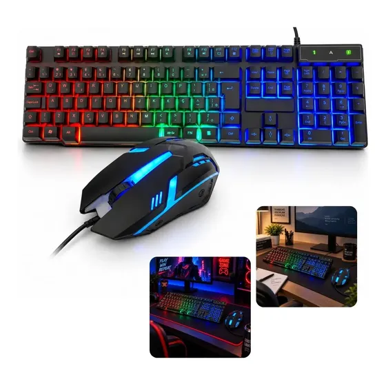 Kit Teclado E Mouse Gamer Semi Mecanico Pc Rgb Usb Led Abnt2