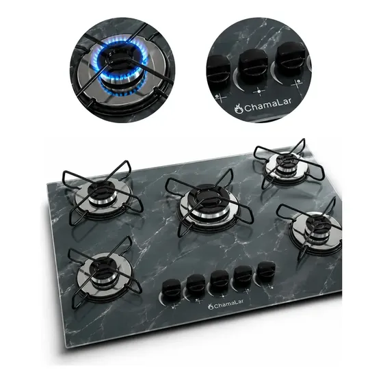 Fogão Cooktop a gás 5 bocas Ultra Chama Marmorizado Cinza 127/220v Bivolt