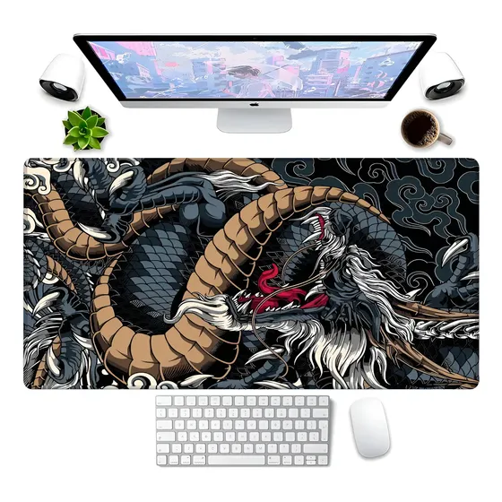 Mouse Pad Dragão 70x30cm Chinês Azul E Marrom Premium Grande