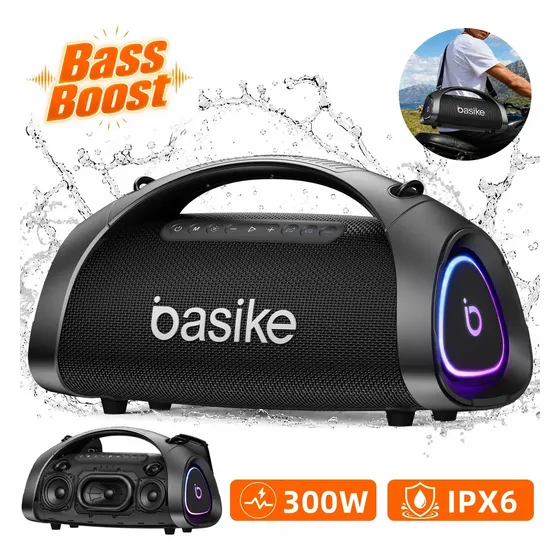 Caixa de Som Portátil Basike Boombox 300W, Bluetooth Com LED RGB e Power Bank