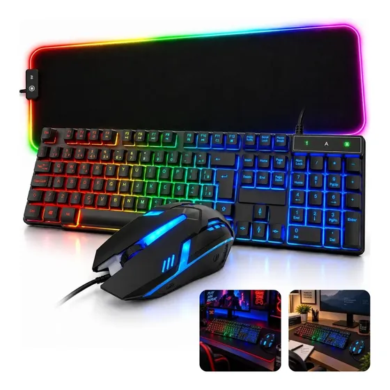 Kit Teclado Mouse Gamer Mouse Pad Semi Mecanico Pc Rgb Usb