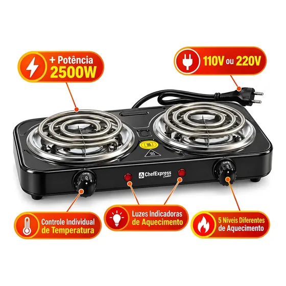 Fogão Elétrico 2 Bocas Cooktop Portátil Chefexpress Preto