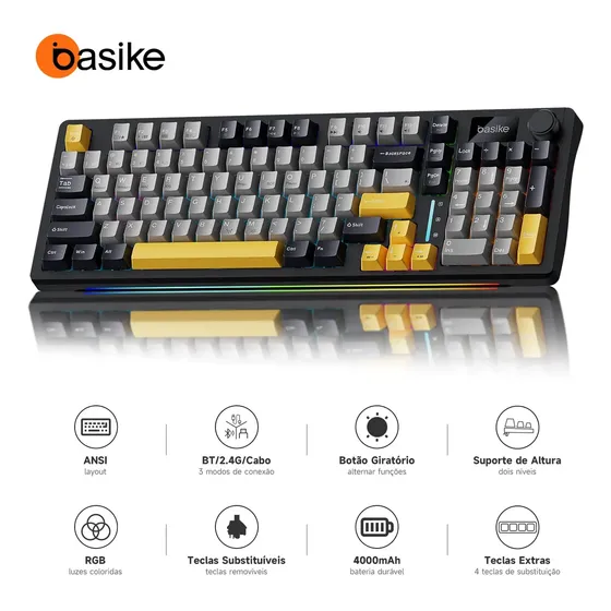 Teclado Mecânico Sem Fio Tri-Mode USB-C/2.4G BT RGB Switch Vermelho Silencioso Hot-Swap 96 Teclas Compacto com Teclado Numérico Bateria 4000mAh AntiGhost Para PC Gamer Escritório Mac Windows Linux