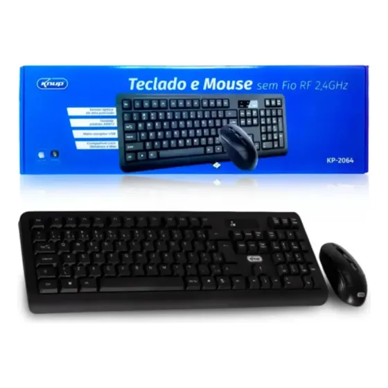 Kit Teclado e Mouse Sem Fio Knup KP-2063 para PC e Notebook, ABNT2 Preto