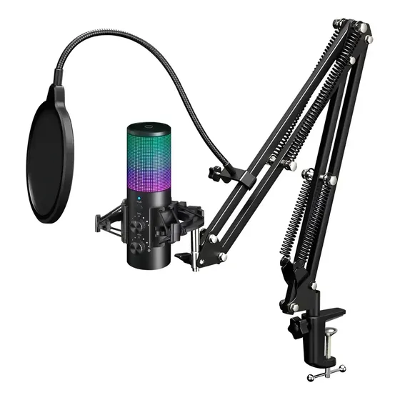 Microfone Condensador Usb Rgb Pc Com Braço Articulado