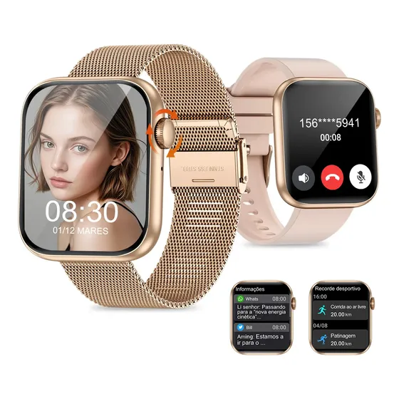 Relógio Smartwatch Inteligente Feminino Esportivo Ouro Rosa