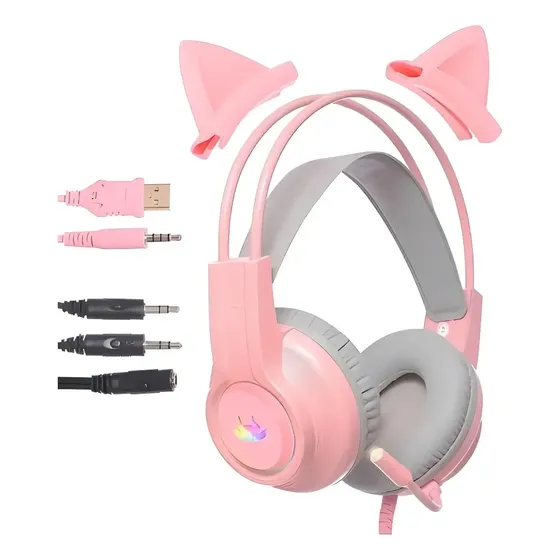 Fone De Ouvido Headset Gamer Rosa Com Fio E Microfone Rgb
