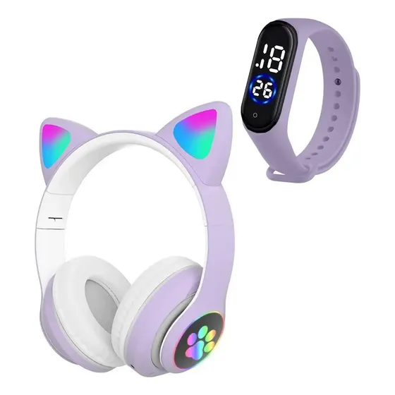 Fone Ouvido Gatinho Bluetooth Adulto Crianças + Relógio Led Roxo